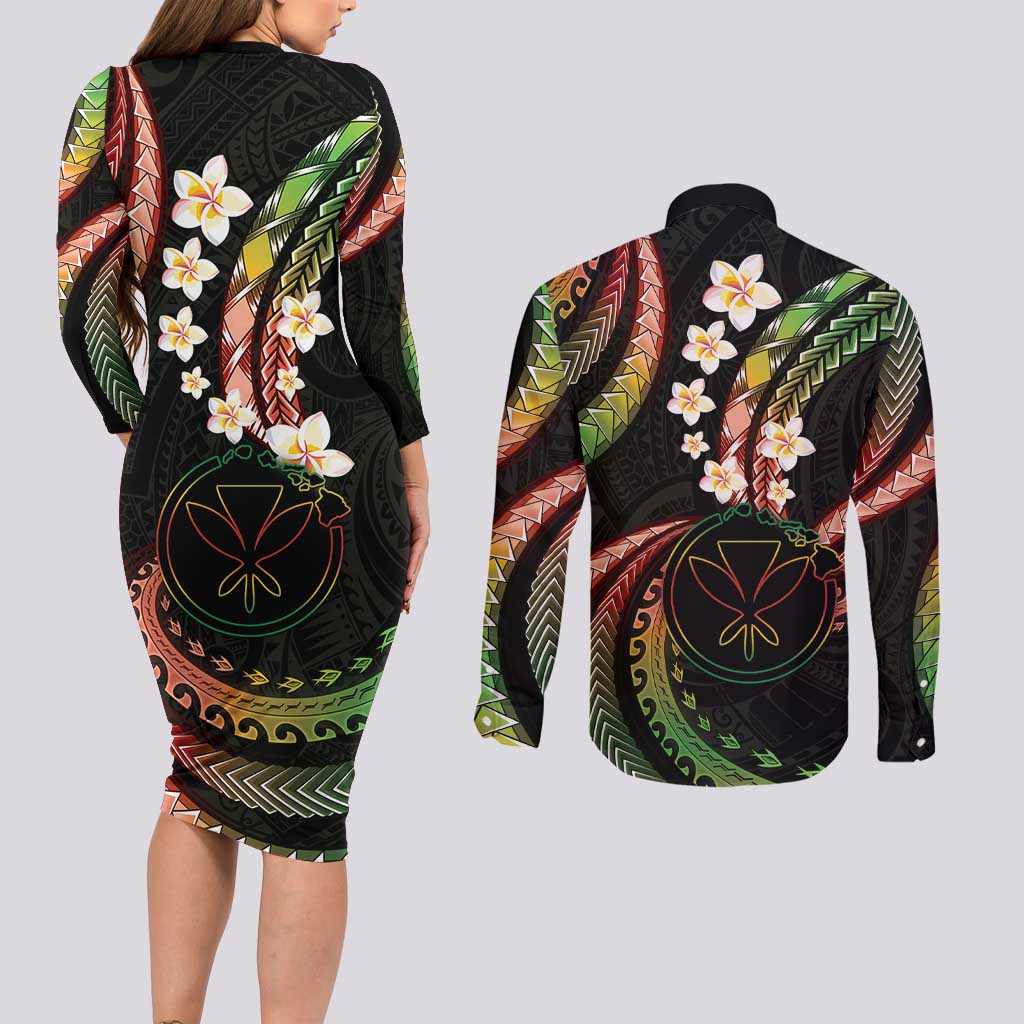 Hawaii Map Kanaka Maoli Couples Matching Long Sleeve Bodycon Dress and Long Sleeve Button Shirt Fantastic Frangipani Reggae LT01 - Polynesian Pride