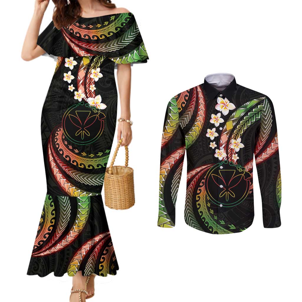 Hawaii Map Kanaka Maoli Couples Matching Mermaid Dress and Long Sleeve Button Shirt Fantastic Frangipani Reggae LT01 Reggae - Polynesian Pride