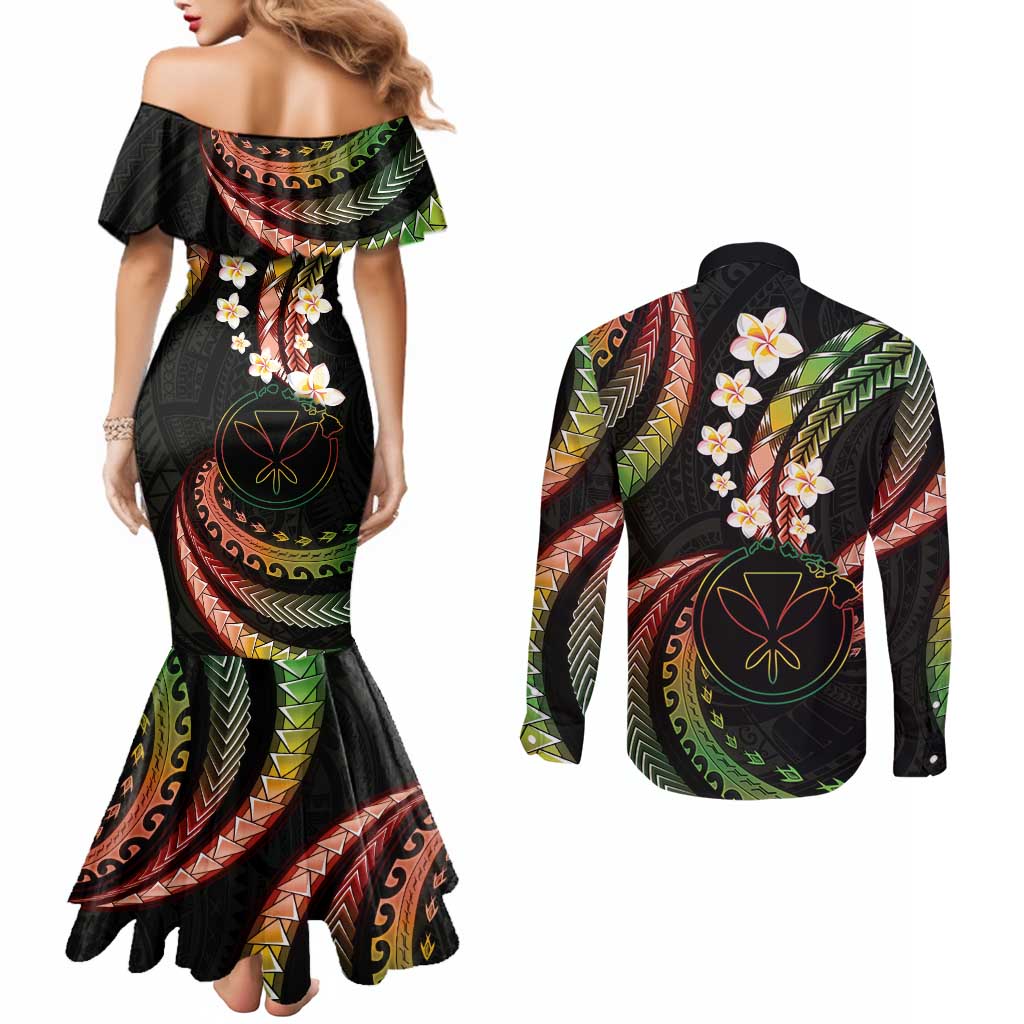 Hawaii Map Kanaka Maoli Couples Matching Mermaid Dress and Long Sleeve Button Shirt Fantastic Frangipani Reggae LT01 - Polynesian Pride