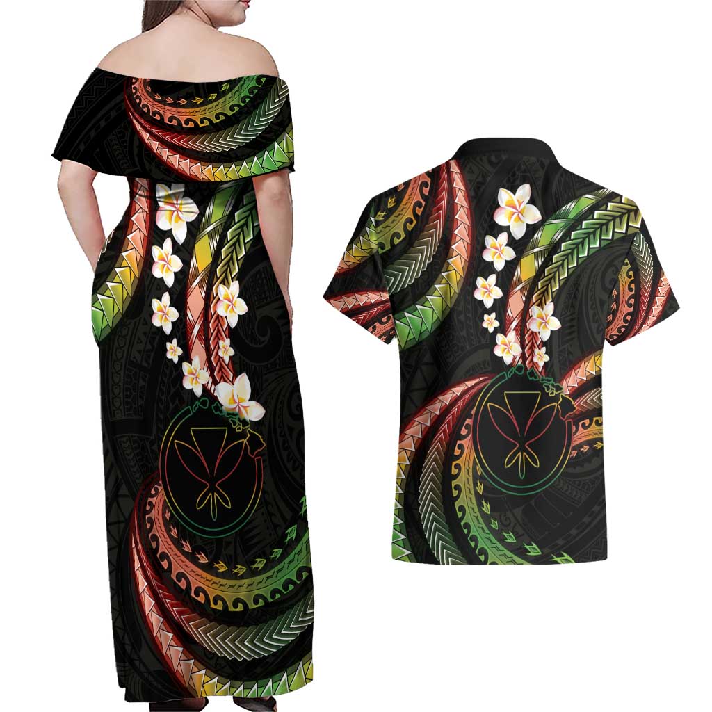 Hawaii Map Kanaka Maoli Couples Matching Off Shoulder Maxi Dress and Hawaiian Shirt Fantastic Frangipani Reggae LT01 - Polynesian Pride