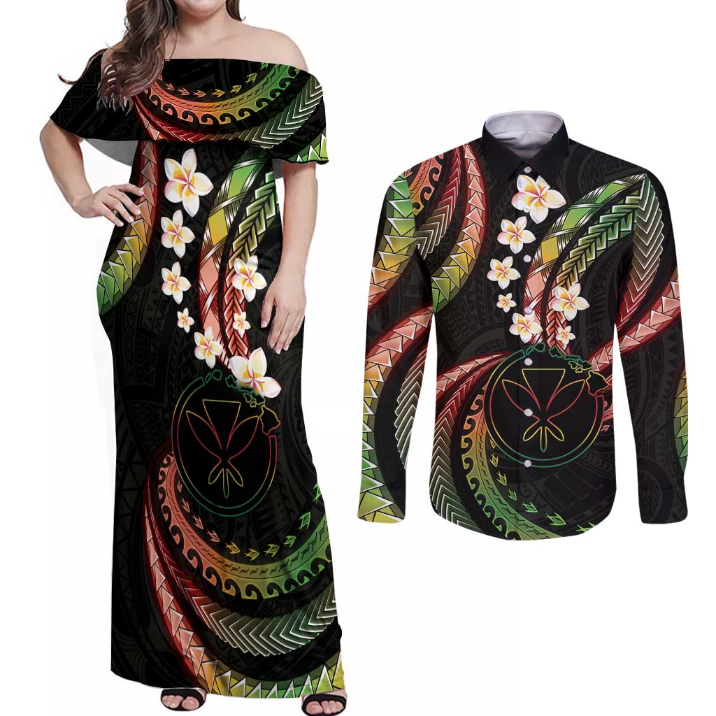 Hawaii Map Kanaka Maoli Couples Matching Off Shoulder Maxi Dress and Long Sleeve Button Shirt Fantastic Frangipani Reggae LT01 Reggae - Polynesian Pride