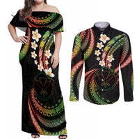 Hawaii Map Kanaka Maoli Couples Matching Off Shoulder Maxi Dress and Long Sleeve Button Shirt Fantastic Frangipani Reggae LT01 Reggae - Polynesian Pride