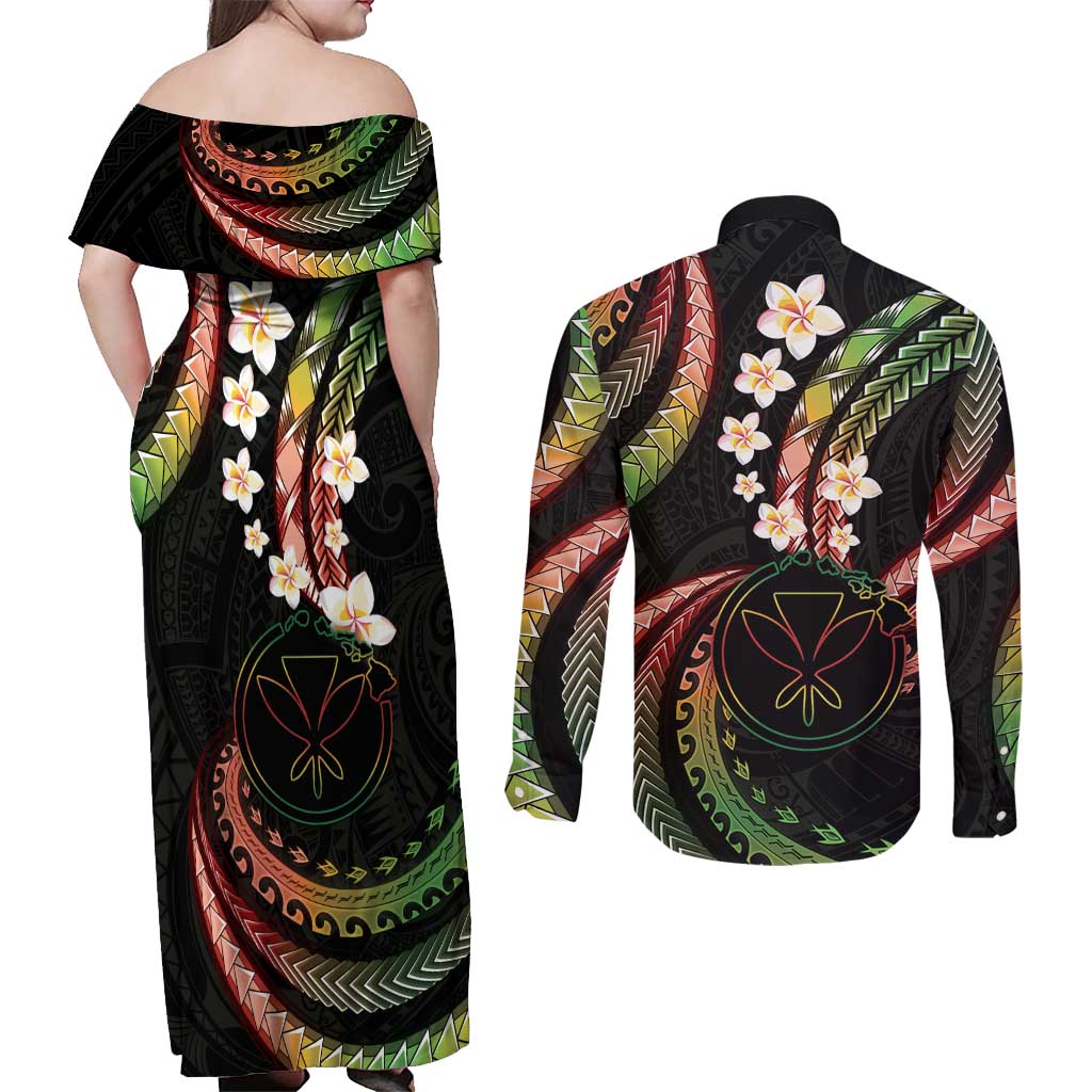 Hawaii Map Kanaka Maoli Couples Matching Off Shoulder Maxi Dress and Long Sleeve Button Shirt Fantastic Frangipani Reggae LT01 - Polynesian Pride