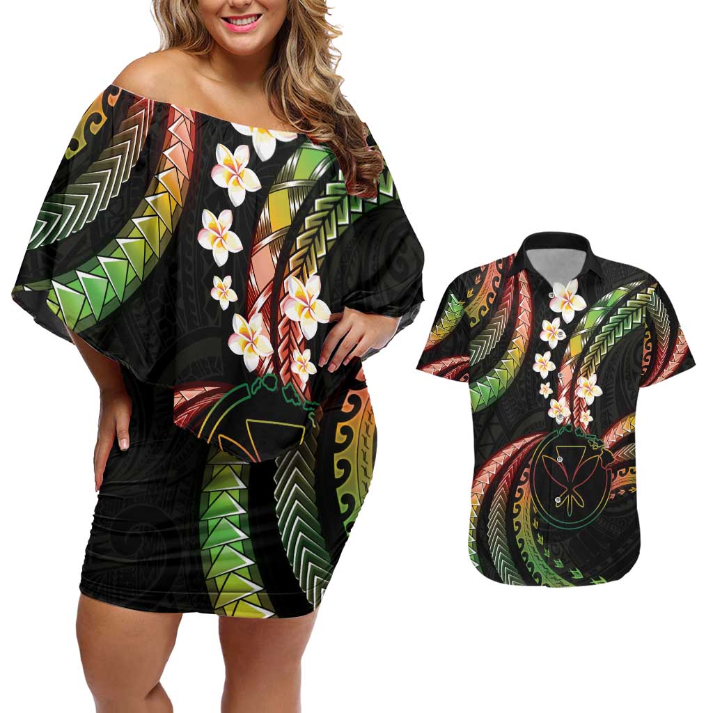 Hawaii Map Kanaka Maoli Couples Matching Off Shoulder Short Dress and Hawaiian Shirt Fantastic Frangipani Reggae LT01 Reggae - Polynesian Pride