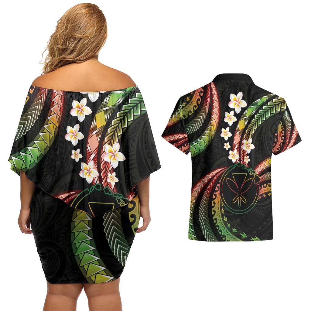Hawaii Map Kanaka Maoli Couples Matching Off Shoulder Short Dress and Hawaiian Shirt Fantastic Frangipani Reggae LT01 - Polynesian Pride