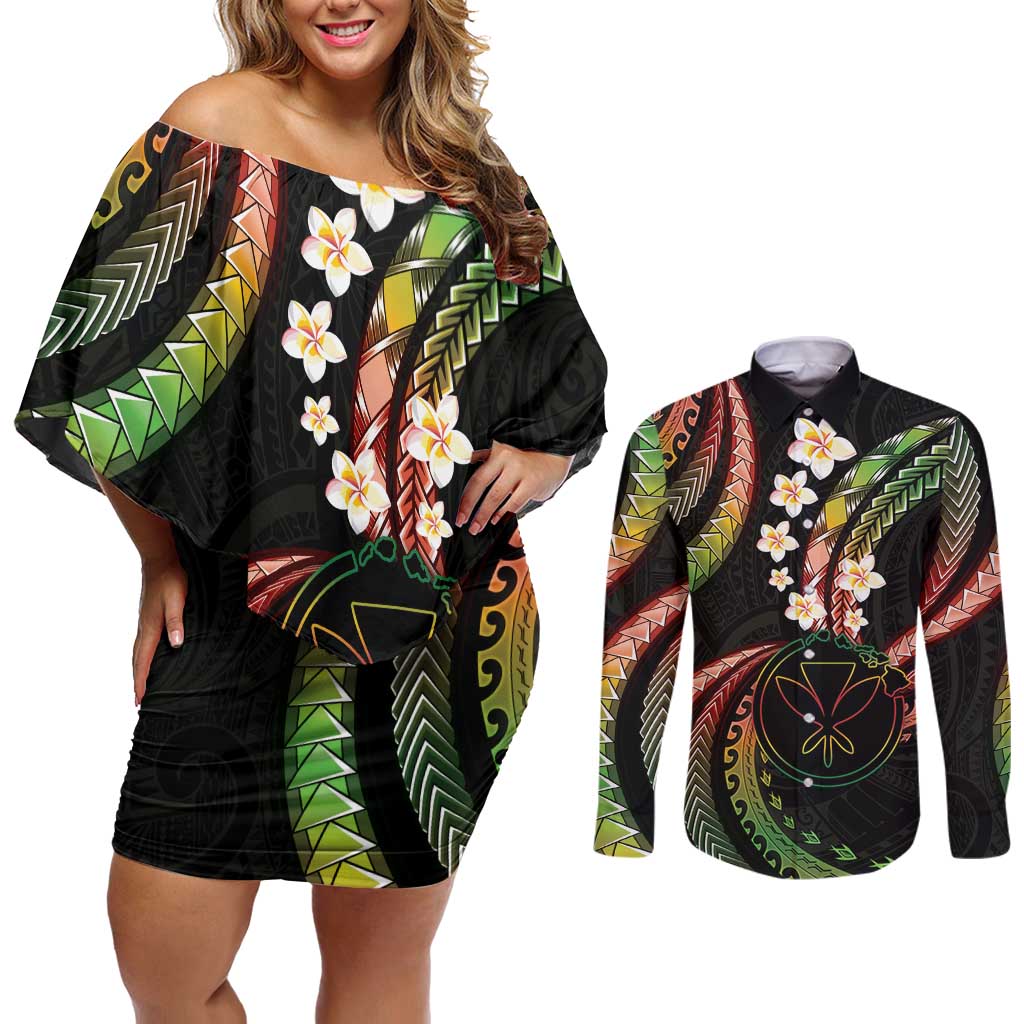 Hawaii Map Kanaka Maoli Couples Matching Off Shoulder Short Dress and Long Sleeve Button Shirt Fantastic Frangipani Reggae LT01 Reggae - Polynesian Pride