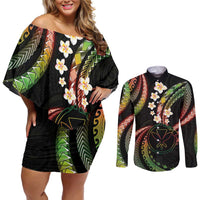 Hawaii Map Kanaka Maoli Couples Matching Off Shoulder Short Dress and Long Sleeve Button Shirt Fantastic Frangipani Reggae LT01 Reggae - Polynesian Pride