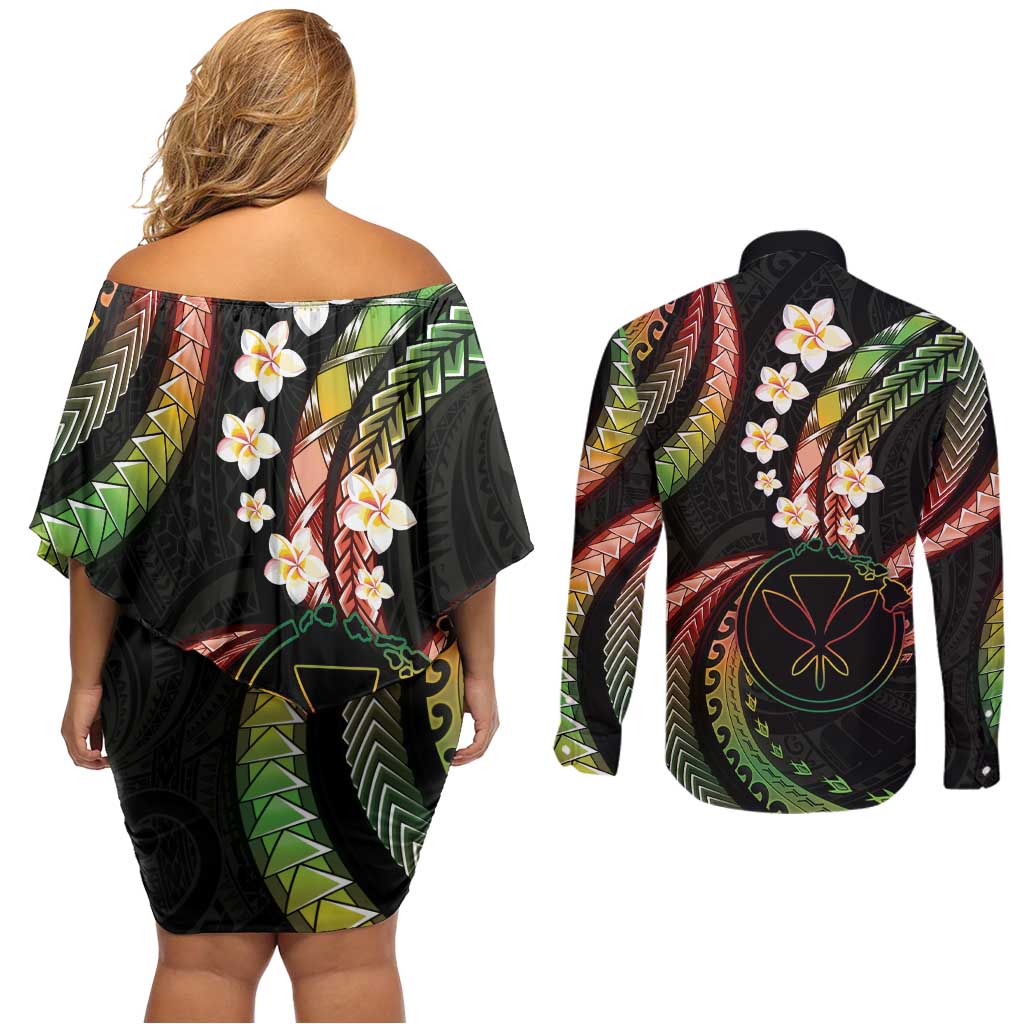 Hawaii Map Kanaka Maoli Couples Matching Off Shoulder Short Dress and Long Sleeve Button Shirt Fantastic Frangipani Reggae LT01 - Polynesian Pride