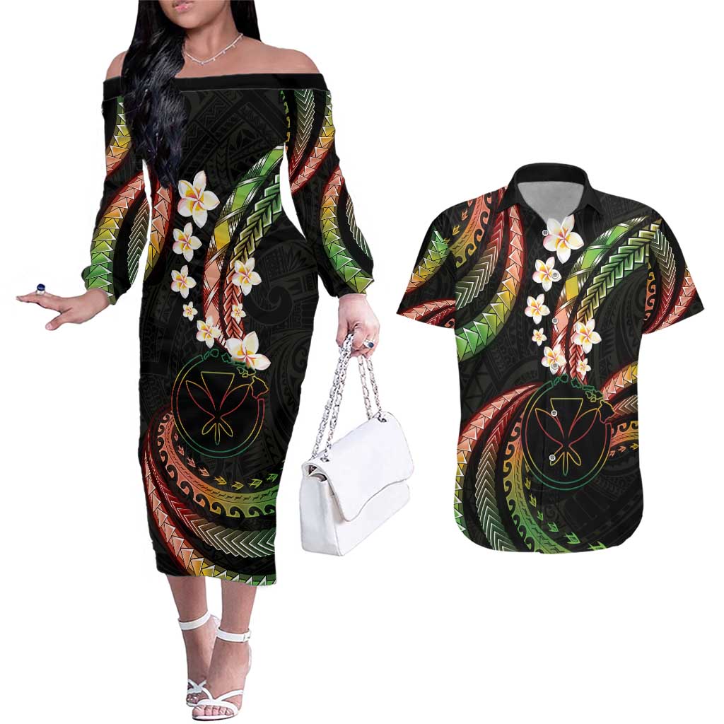 Hawaii Map Kanaka Maoli Couples Matching Off The Shoulder Long Sleeve Dress and Hawaiian Shirt Fantastic Frangipani Reggae LT01 Reggae - Polynesian Pride