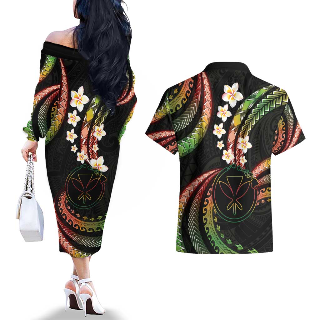 Hawaii Map Kanaka Maoli Couples Matching Off The Shoulder Long Sleeve Dress and Hawaiian Shirt Fantastic Frangipani Reggae LT01 - Polynesian Pride