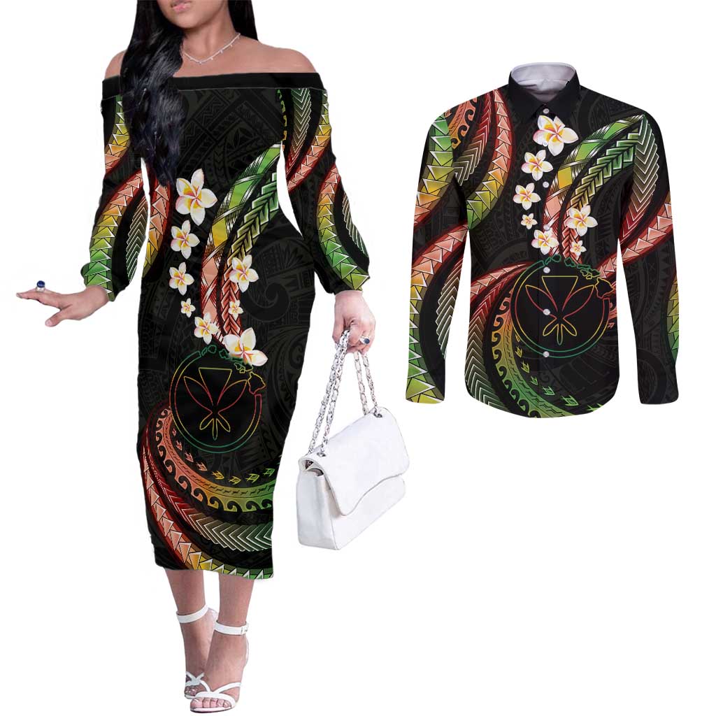 Hawaii Map Kanaka Maoli Couples Matching Off The Shoulder Long Sleeve Dress and Long Sleeve Button Shirt Fantastic Frangipani Reggae LT01 Reggae - Polynesian Pride
