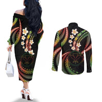 Hawaii Map Kanaka Maoli Couples Matching Off The Shoulder Long Sleeve Dress and Long Sleeve Button Shirt Fantastic Frangipani Reggae LT01 - Polynesian Pride