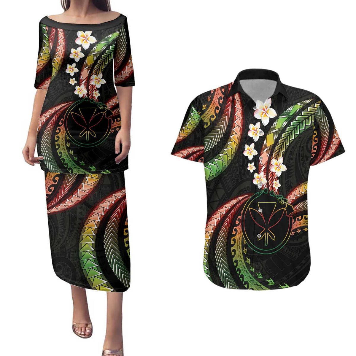 Hawaii Map Kanaka Maoli Couples Matching Puletasi and Hawaiian Shirt Fantastic Frangipani Reggae LT01 Reggae - Polynesian Pride