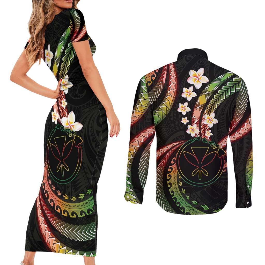 Hawaii Map Kanaka Maoli Couples Matching Short Sleeve Bodycon Dress and Long Sleeve Button Shirt Fantastic Frangipani Reggae LT01 - Polynesian Pride