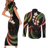 Hawaii Map Kanaka Maoli Couples Matching Short Sleeve Bodycon Dress and Long Sleeve Button Shirt Fantastic Frangipani Reggae LT01 - Polynesian Pride