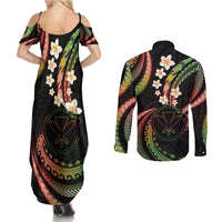 Hawaii Map Kanaka Maoli Couples Matching Summer Maxi Dress and Long Sleeve Button Shirt Fantastic Frangipani Reggae LT01 - Polynesian Pride