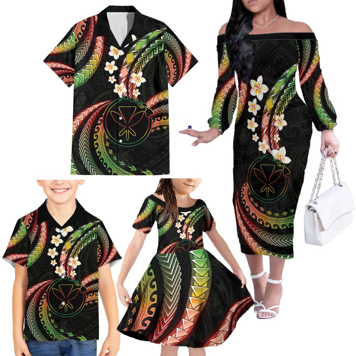Hawaii Map Kanaka Maoli Family Matching Off The Shoulder Long Sleeve Dress and Hawaiian Shirt Fantastic Frangipani Reggae LT01 - Polynesian Pride
