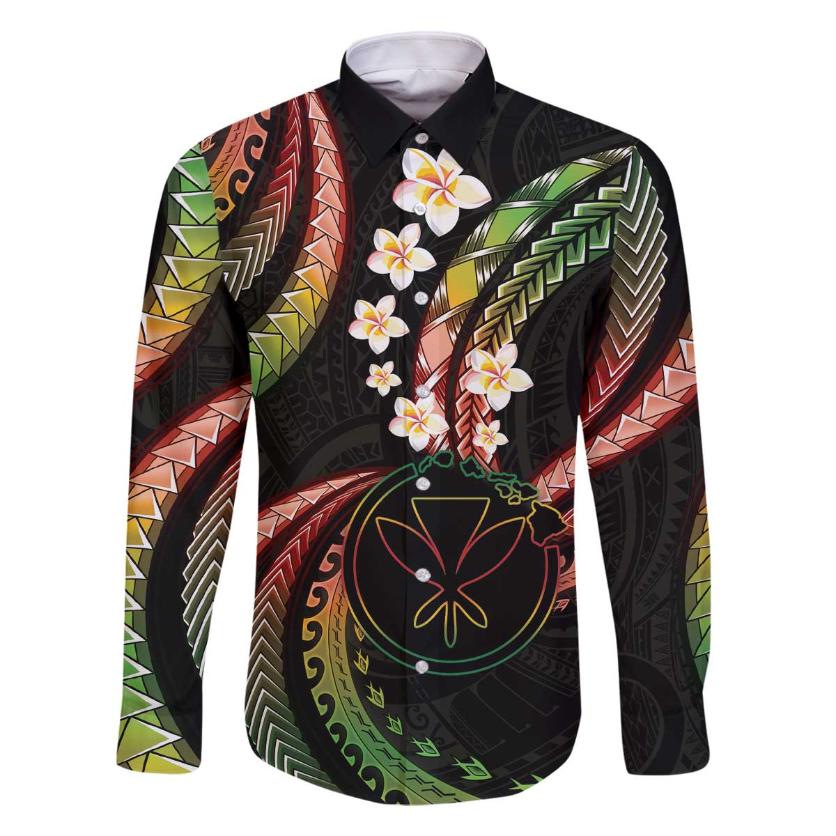 Hawaii Map Kanaka Maoli Family Matching Off The Shoulder Long Sleeve Dress and Hawaiian Shirt Fantastic Frangipani Reggae LT01 Dad's Shirt - Long Sleeve Reggae - Polynesian Pride
