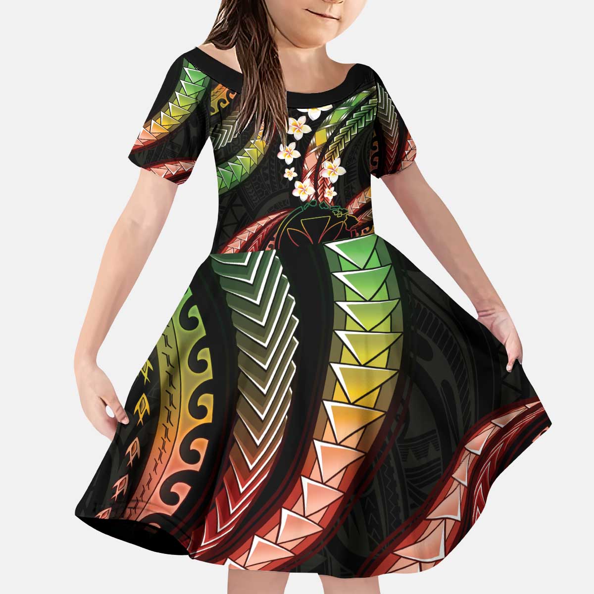 Hawaii Map Kanaka Maoli Kid Short Sleeve Dress Fantastic Frangipani Reggae