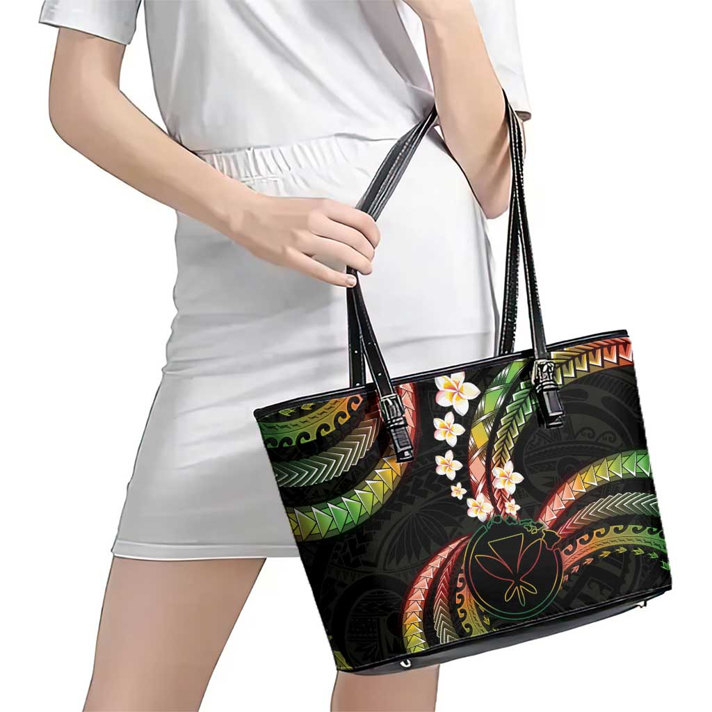 Hawaii Map Kanaka Maoli Leather Tote Bag Fantastic Frangipani Reggae