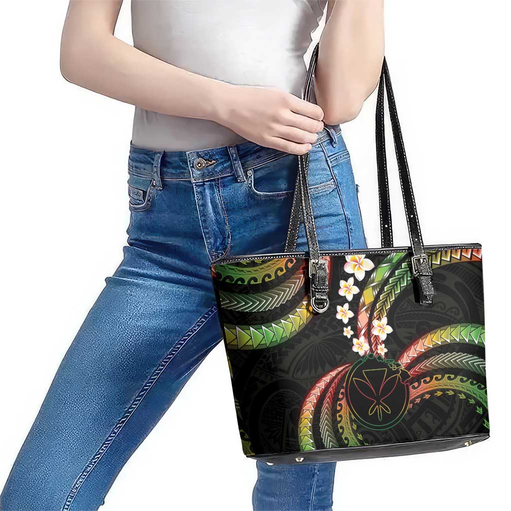 Hawaii Map Kanaka Maoli Leather Tote Bag Fantastic Frangipani Reggae