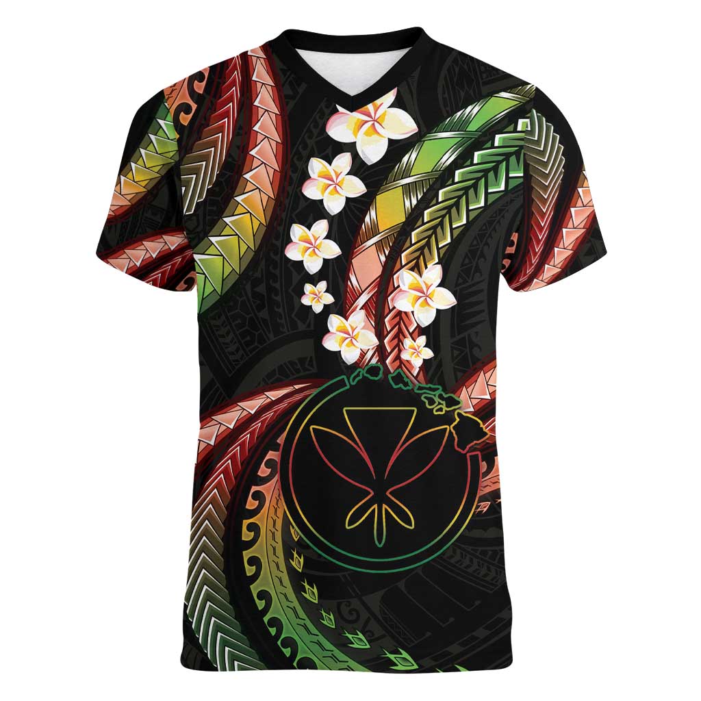 Hawaii Map Kanaka Maoli Women V-Neck T-Shirt Fantastic Frangipani Reggae LT01 Female Reggae - Polynesian Pride