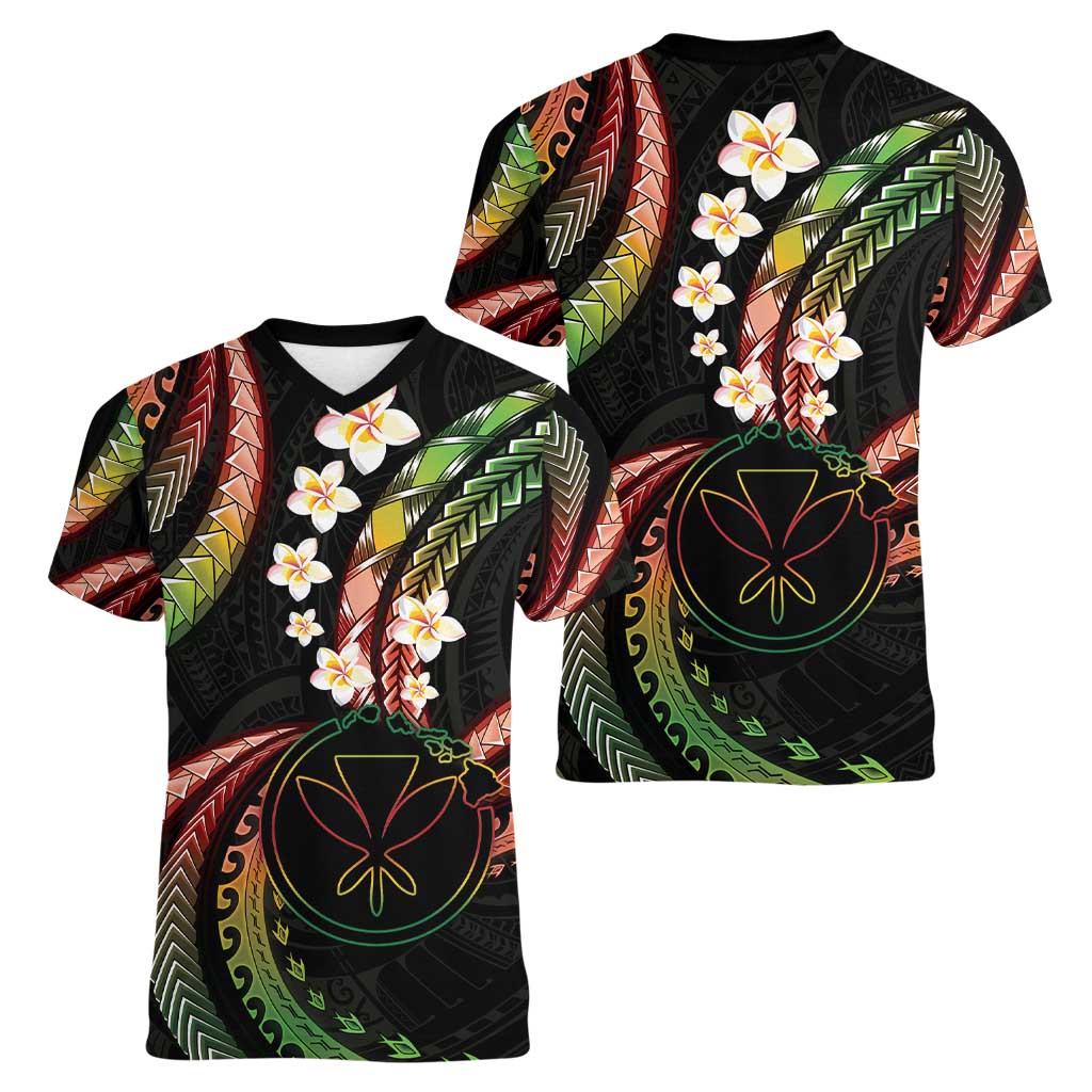 Hawaii Map Kanaka Maoli Women V-Neck T-Shirt Fantastic Frangipani Reggae LT01 - Polynesian Pride