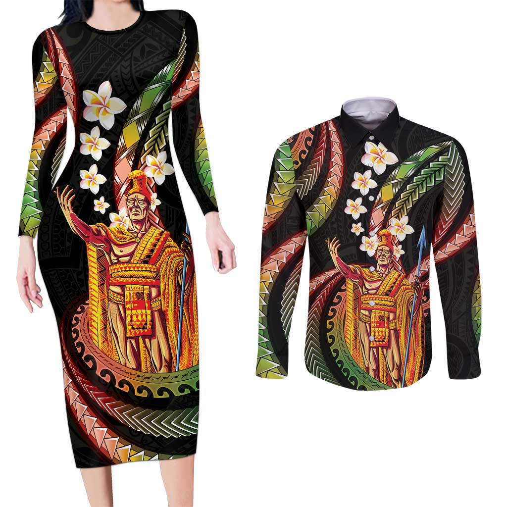 Hawaii King Kamehameha Couples Matching Long Sleeve Bodycon Dress and Long Sleeve Button Shirt Fantastic Plumeria Reggae LT01 Reggae - Polynesian Pride