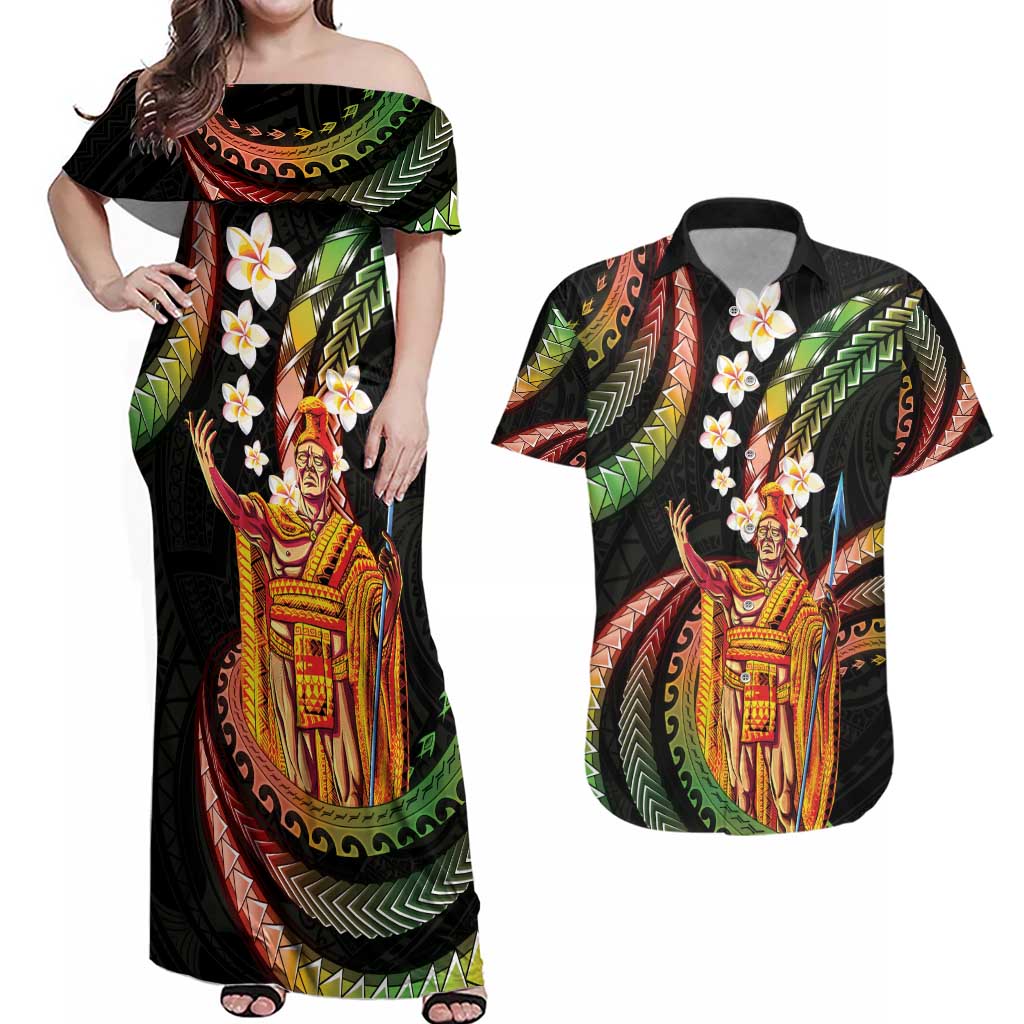 Hawaii King Kamehameha Couples Matching Off Shoulder Maxi Dress and Hawaiian Shirt Fantastic Plumeria Reggae