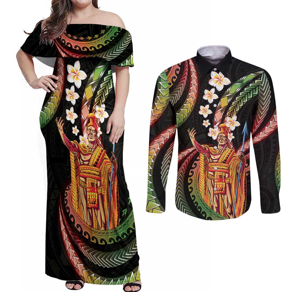 Hawaii King Kamehameha Couples Matching Off Shoulder Maxi Dress and Long Sleeve Button Shirt Fantastic Plumeria Reggae LT01 Reggae - Polynesian Pride