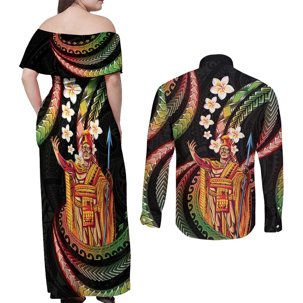Hawaii King Kamehameha Couples Matching Off Shoulder Maxi Dress and Long Sleeve Button Shirt Fantastic Plumeria Reggae LT01 - Polynesian Pride