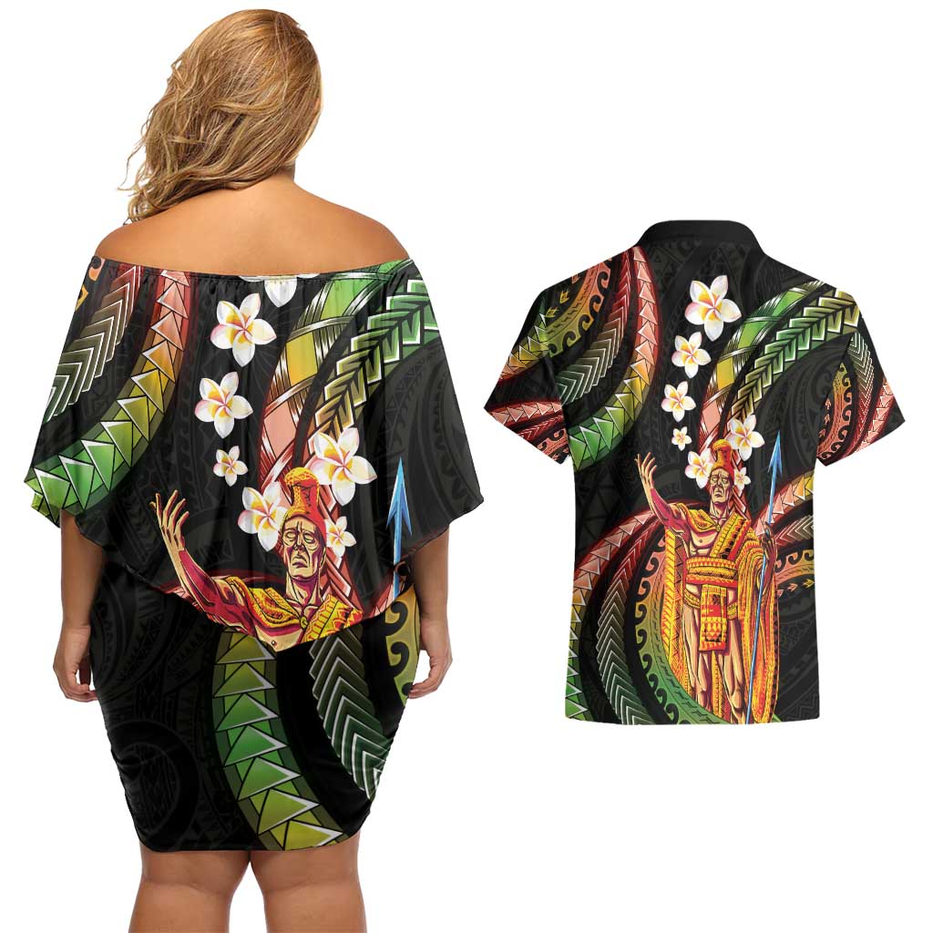 Hawaii King Kamehameha Couples Matching Off Shoulder Short Dress and Hawaiian Shirt Fantastic Plumeria Reggae LT01 - Polynesian Pride