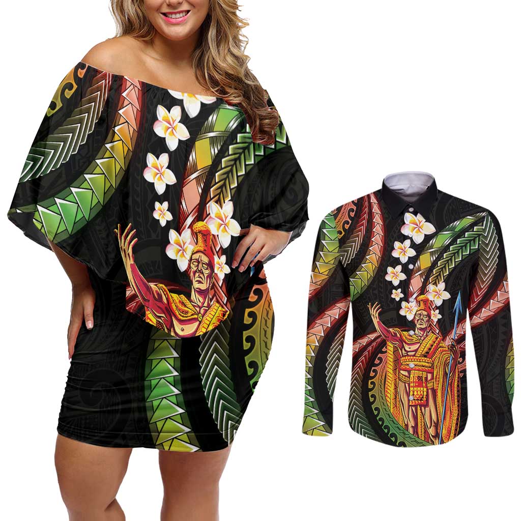 Hawaii King Kamehameha Couples Matching Off Shoulder Short Dress and Long Sleeve Button Shirt Fantastic Plumeria Reggae LT01 Reggae - Polynesian Pride