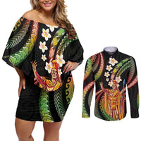 Hawaii King Kamehameha Couples Matching Off Shoulder Short Dress and Long Sleeve Button Shirt Fantastic Plumeria Reggae LT01 Reggae - Polynesian Pride