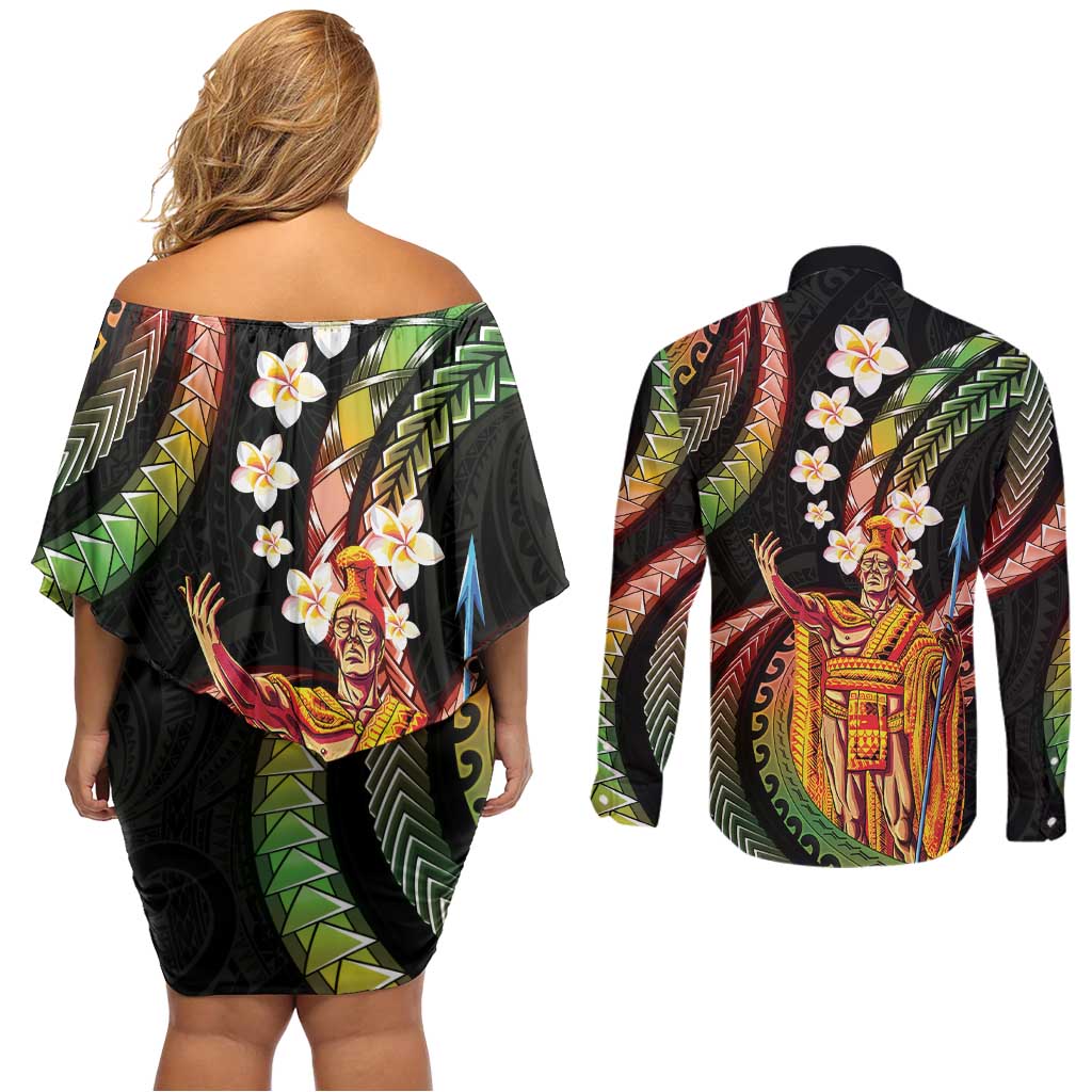 Hawaii King Kamehameha Couples Matching Off Shoulder Short Dress and Long Sleeve Button Shirt Fantastic Plumeria Reggae LT01 - Polynesian Pride