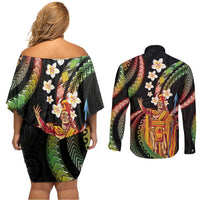 Hawaii King Kamehameha Couples Matching Off Shoulder Short Dress and Long Sleeve Button Shirt Fantastic Plumeria Reggae LT01 - Polynesian Pride