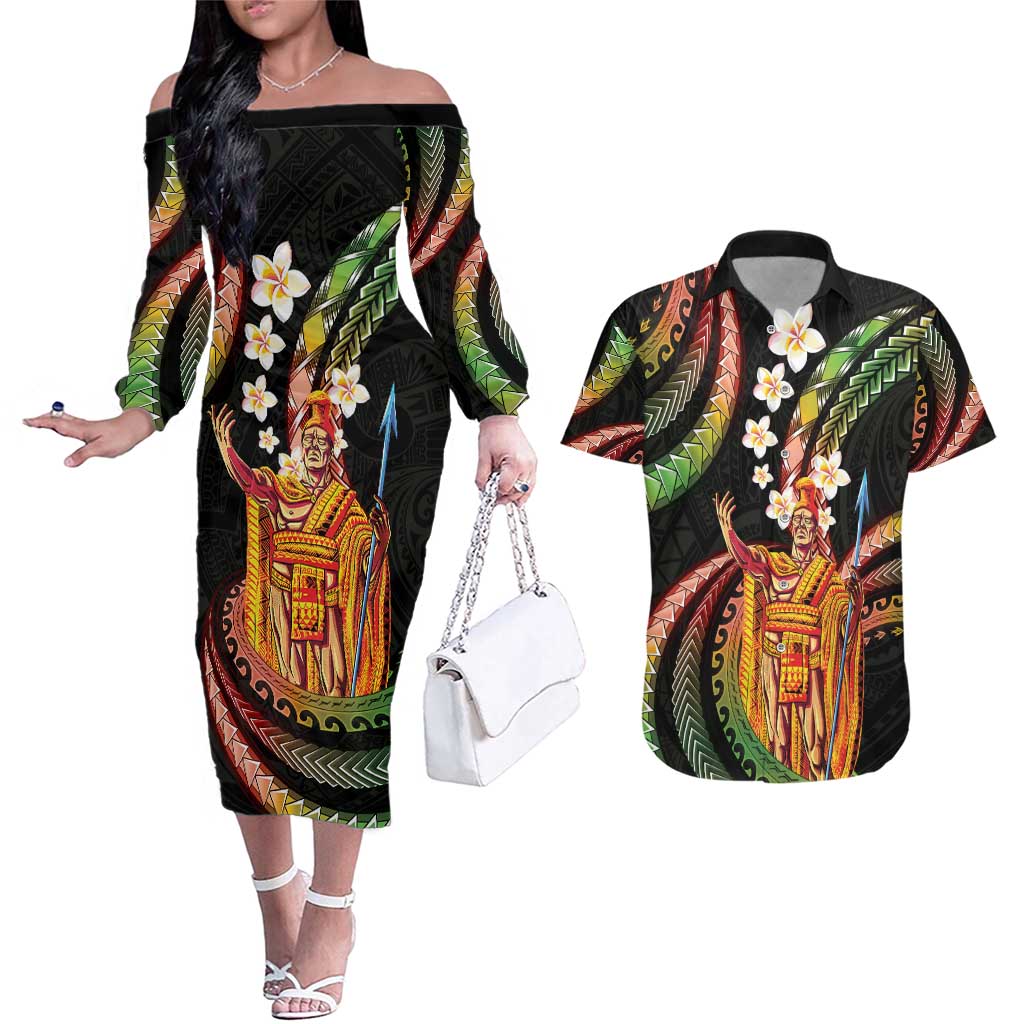Hawaii King Kamehameha Couples Matching Off The Shoulder Long Sleeve Dress and Hawaiian Shirt Fantastic Plumeria Reggae LT01 Reggae - Polynesian Pride