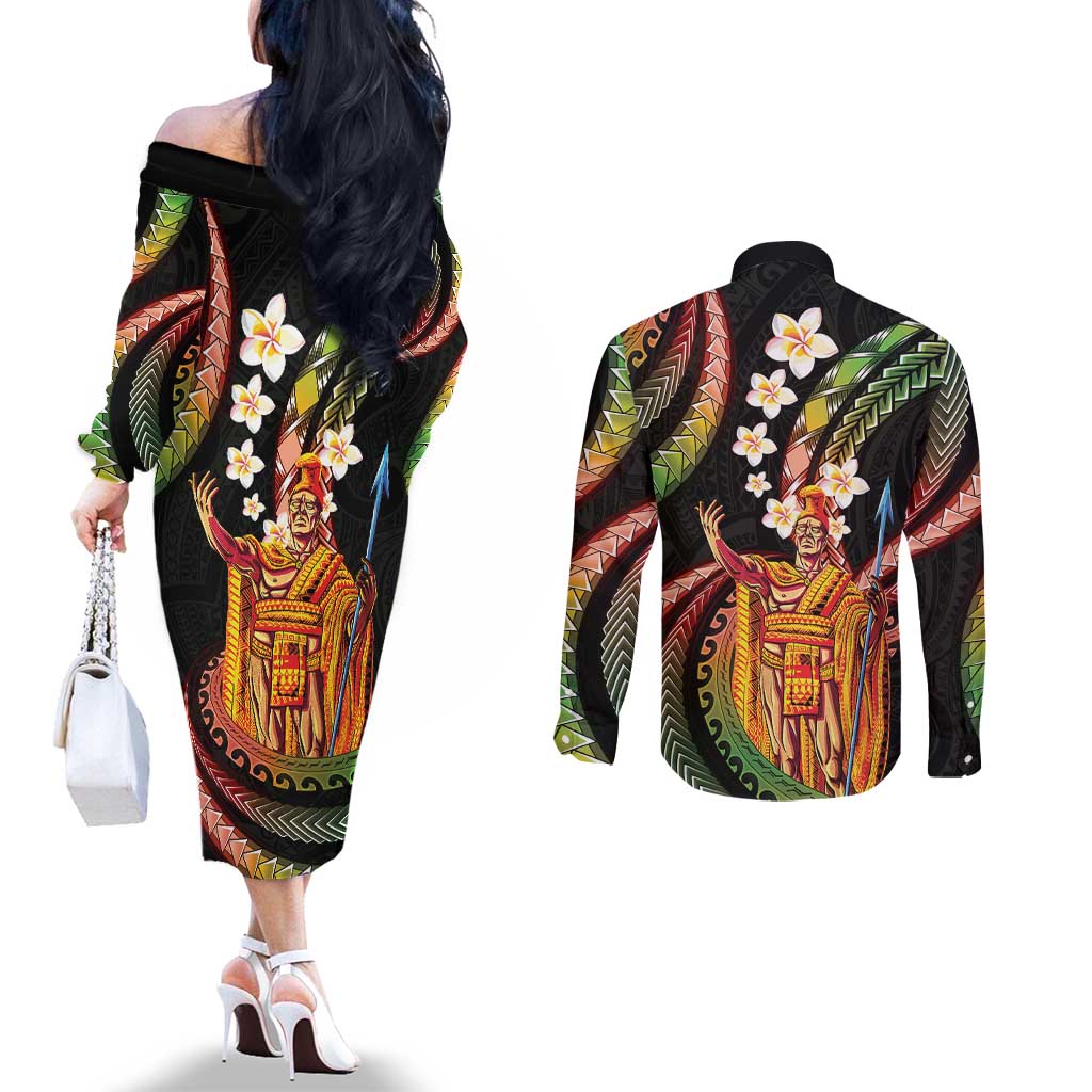 Hawaii King Kamehameha Couples Matching Off The Shoulder Long Sleeve Dress and Long Sleeve Button Shirt Fantastic Plumeria Reggae LT01 - Polynesian Pride