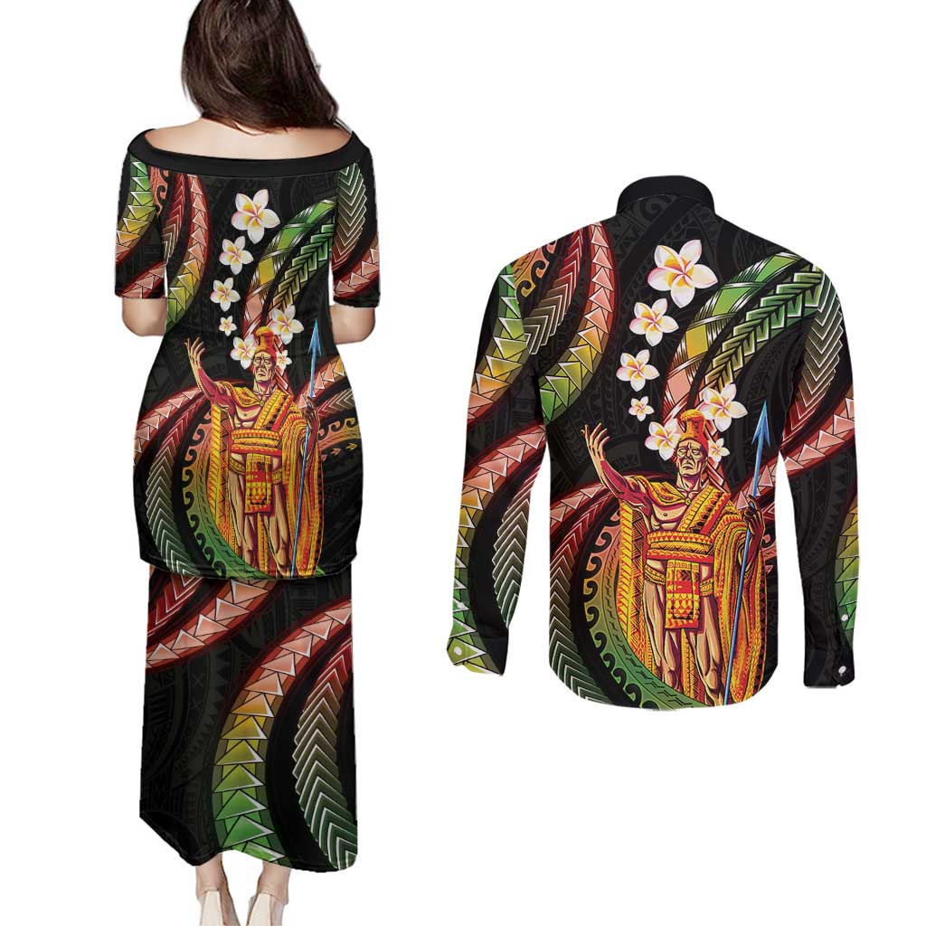Hawaii King Kamehameha Couples Matching Puletasi and Long Sleeve Button Shirt Fantastic Plumeria Reggae LT01 - Polynesian Pride