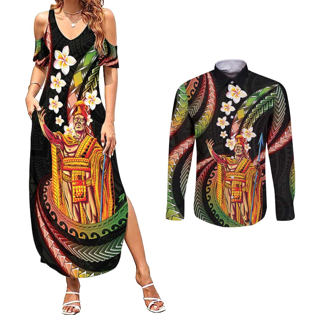 Hawaii King Kamehameha Couples Matching Summer Maxi Dress and Long Sleeve Button Shirt Fantastic Plumeria Reggae LT01 Reggae - Polynesian Pride