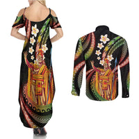Hawaii King Kamehameha Couples Matching Summer Maxi Dress and Long Sleeve Button Shirt Fantastic Plumeria Reggae LT01 - Polynesian Pride