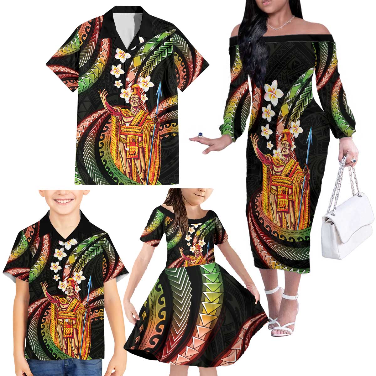 Hawaii King Kamehameha Family Matching Off The Shoulder Long Sleeve Dress and Hawaiian Shirt Fantastic Plumeria Reggae