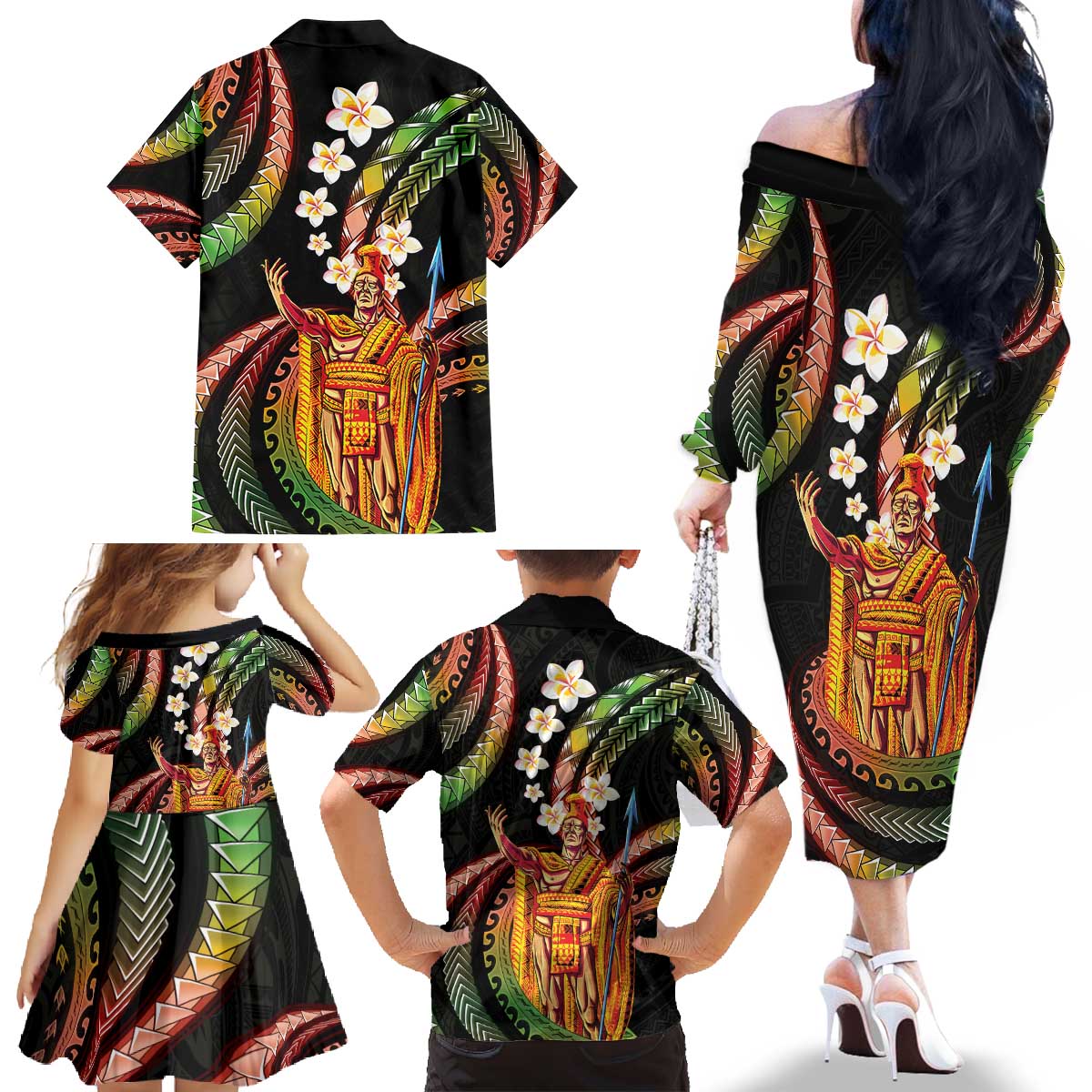 Hawaii King Kamehameha Family Matching Off The Shoulder Long Sleeve Dress and Hawaiian Shirt Fantastic Plumeria Reggae LT01 - Polynesian Pride