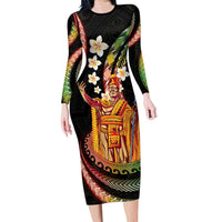 Hawaii King Kamehameha Long Sleeve Bodycon Dress Fantastic Plumeria Reggae LT01 Long Dress Reggae - Polynesian Pride