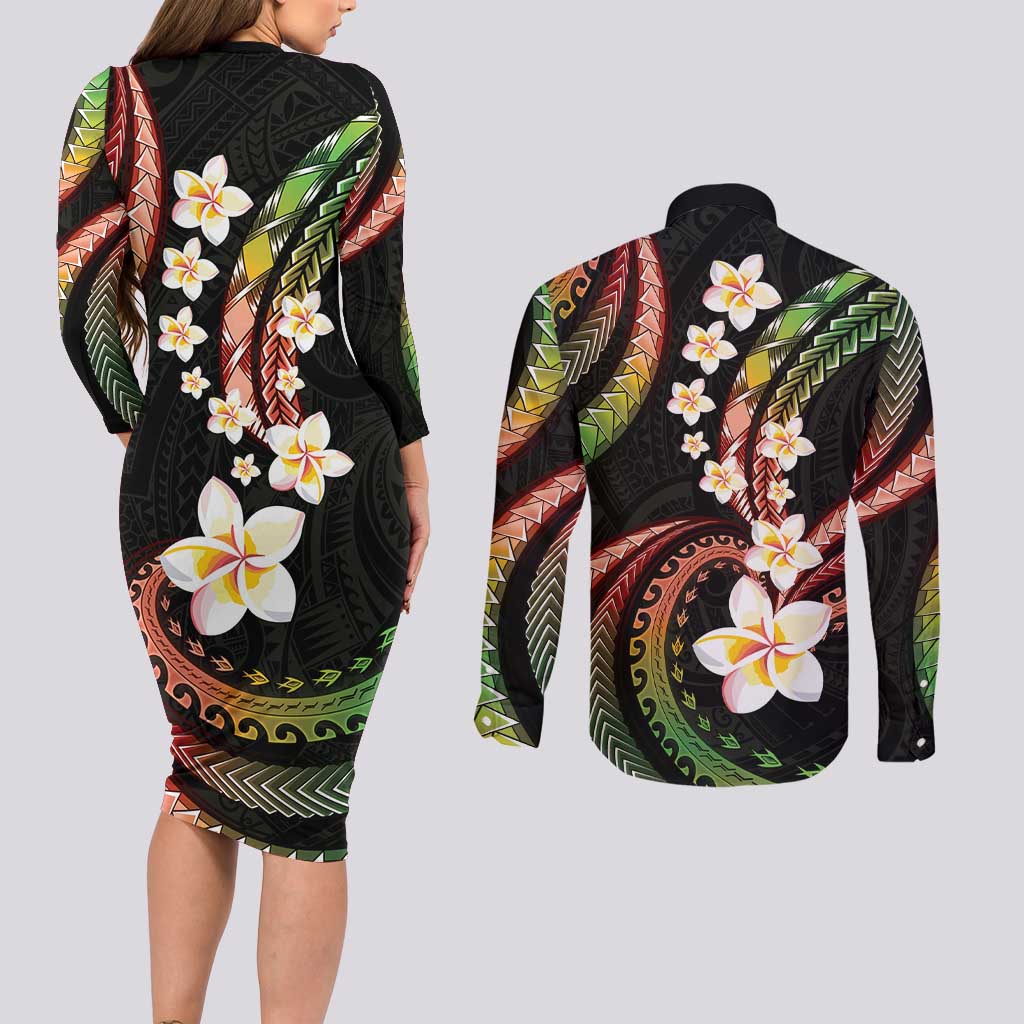 Hawaii Plumeria Reggae Couples Matching Long Sleeve Bodycon Dress and Long Sleeve Button Shirt Polynesian Pattern