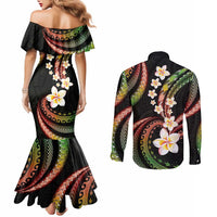 Hawaii Plumeria Reggae Couples Matching Mermaid Dress and Long Sleeve Button Shirt Polynesian Pattern