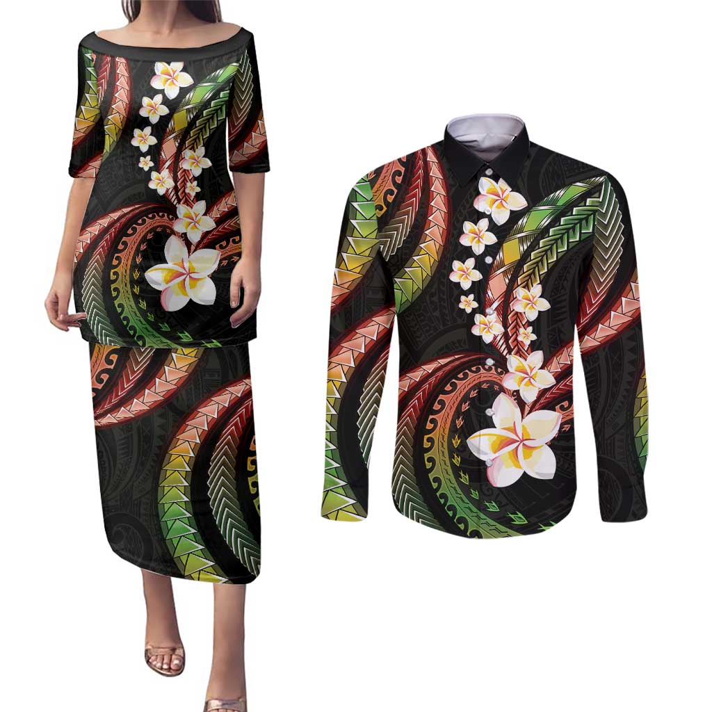 Hawaii Plumeria Reggae Couples Matching Puletasi and Long Sleeve Button Shirt Polynesian Pattern LT01 Reggae - Polynesian Pride