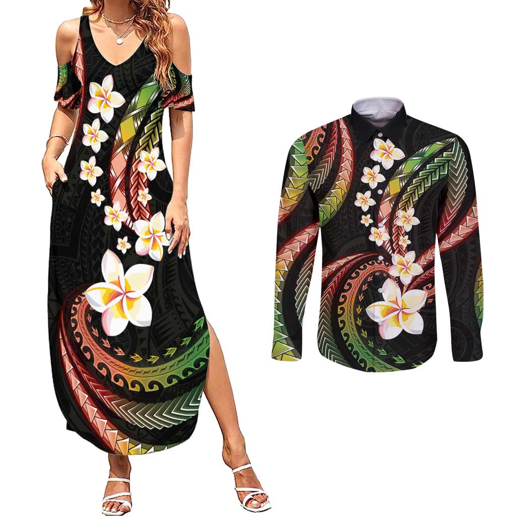 Hawaii Plumeria Reggae Couples Matching Summer Maxi Dress and Long Sleeve Button Shirt Polynesian Pattern