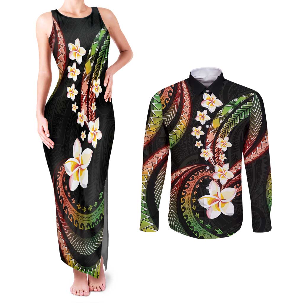 Hawaii Plumeria Reggae Couples Matching Tank Maxi Dress and Long Sleeve Button Shirt Polynesian Pattern