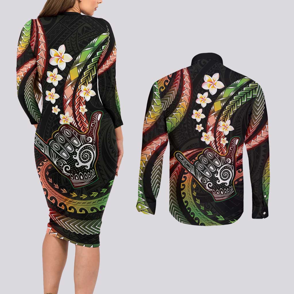 Hawaii Shaka Sign Couples Matching Long Sleeve Bodycon Dress and Long Sleeve Button Shirt Fantastic Frangipani Reggae LT01 - Polynesian Pride